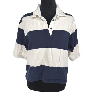 American Eagle Women Rugby Polo Shirt Navy Big Stripe Cropped‎ Academia M Baggy